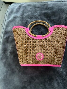 Lilly Pulitzer Mini Woven Bamboo Tote with Hot Pink Trim